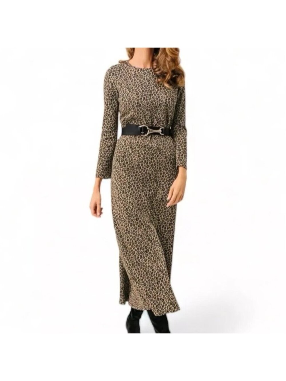 Tuckernuck Harper Leopard Print A‑Line Midi Dress Crew Neck 3/4 Sleeve XS